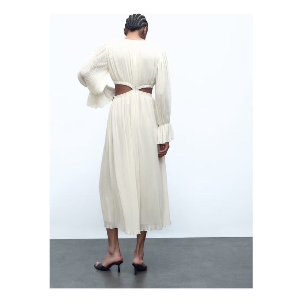 Zara Cutout Pleated Midi Dress Medium Ivory Cream Long Sleeve Flowy Cottagecore - Picture 3 of 15